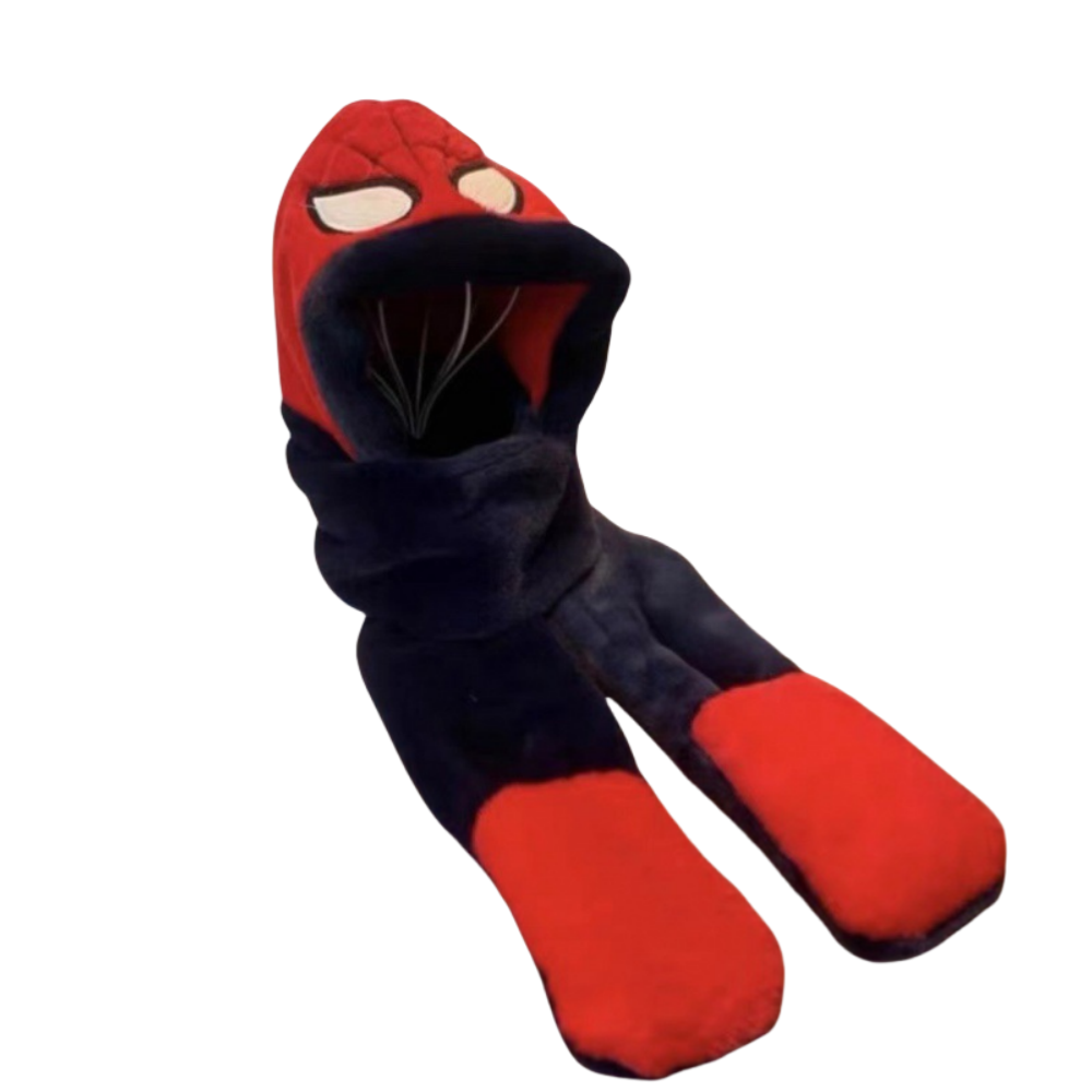 Kids Cartoon 3 in 1 Hat Scarf Gloves Set Winter Warm Fleece Stch Faux Fur Hoodie Full Hood Thick Thermal Scarves Gifts for Boys and Girls Kids(Spiderman)