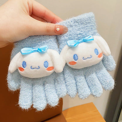 Full Finger Gloves Dinosaur Cat Capybara Winter Knit Warm Mittens Soft Lined Fleece Thermal Outdoor Stretchy Gloves for Kids boys girls(3D hello kitty)