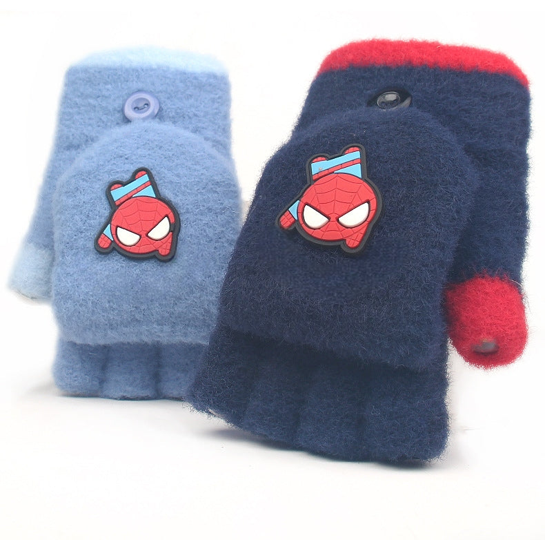 Fingerless Flap Cover Gloves Winter Knit Warm Mittens Soft Lined Fleece Thermal Outdoor Half Finger Gloves with Cover Convertible Flip Top for Kids