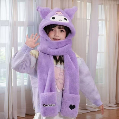 Kids Cartoon 3 in 1 Hat Scarf Gloves Set Winter Warm Fleece Faux Fur Hoodie Full Hood Thick Thermal Scarves Gifts for Boys and Girls Kids