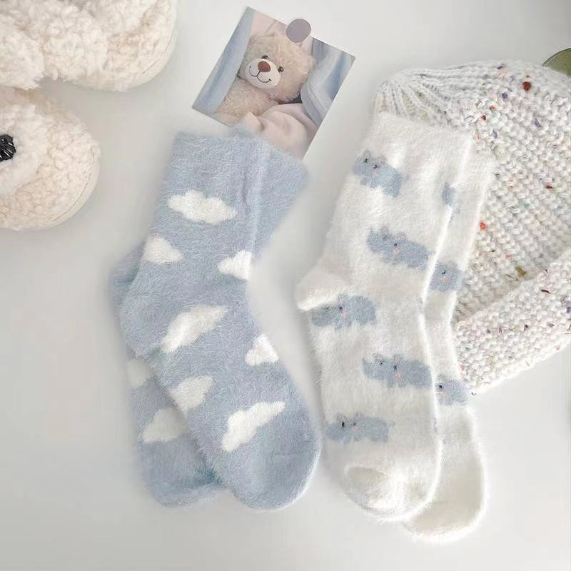 3 Pairs Fluffy Ladies Thermal Socks Womens Warm Thick Heat Wool Knitting Walking Boot Hiking Socks Winter (B)