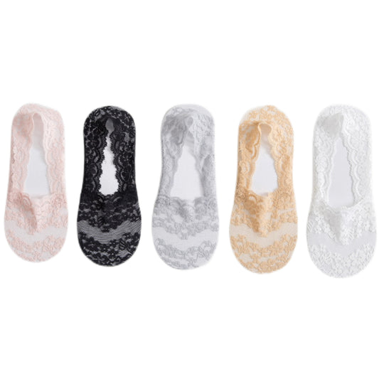 5 Pairs Women Invisible Ultra Low Cut Socks Lace Boat Socks Non-slip Liners Socks with cotton and Anti-slip Gel Breathable