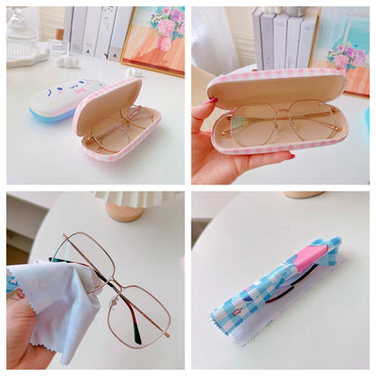 Lovely cat Cartoon Hard Shell Eyeglasses Cases Girl Protective Case Storage Box With Glasses Cloth for Teen PU leather eyegalss case (Cinnamoroll)