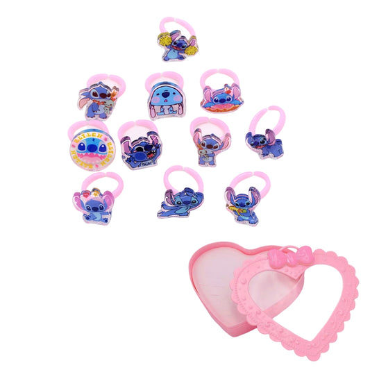 20Pcs Adjustable Princess Jewelry Girl Kids Cartoon Plastic Rings Gift Set with Heart Shape Box (Stitch 20pcs)