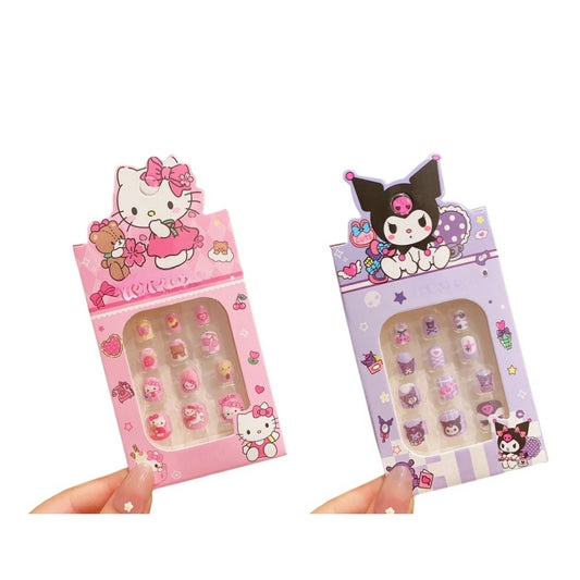 24Pcs 2 Pack Children Acrylic Fake Nails Press on Pre-glue Full Cover Glitter Color Rainbow Unicorn Mermaid Kids Stick On False Nail Art Kits Set Girls Birthday Gift（Kuromi）