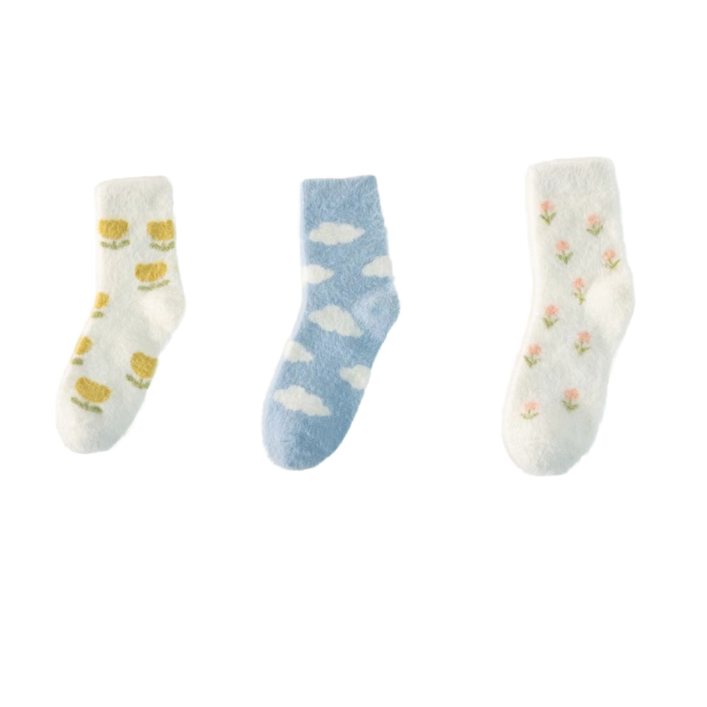 3 Pairs Fluffy Ladies Thermal Socks Womens Warm Thick Heat Wool Knitting Walking Boot Hiking Socks Winter (B)