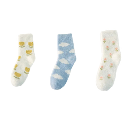 3 Pairs Fluffy Ladies Thermal Socks Womens Warm Thick Heat Wool Knitting Walking Boot Hiking Socks Winter (B)