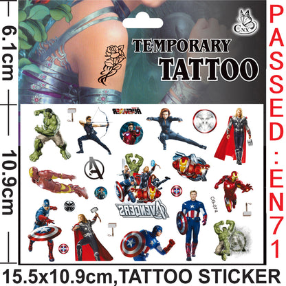 10 Sheets Kids  rincess Temporary Tattoos Sticker Waterproof Superhero Stickers Fake tattoo Party Bag Fillers (Avengers)