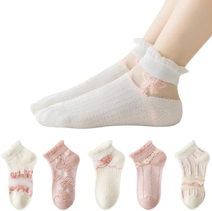 5 Pairs Kids Girls ankle socks Mesh Cotton summer Breathable Lightweight Sport princess bow Socks infant