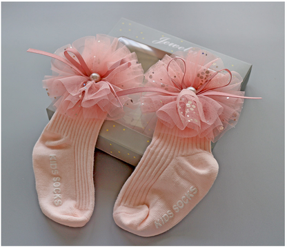 3PCS Baby Crown Lace Tutu Flower Socks Princess Party Newborn Toddler Ankle Socks Hair Headband Gift Set in Box （E）