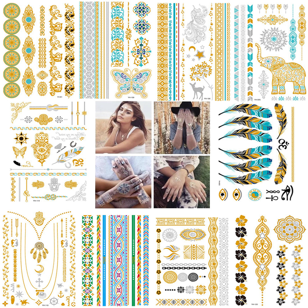 9 Sheets Women Men Gold Fashion Metallic Temporary Tattoos Waterproof Stickers Festival Fake Jewelry Tattoos Body Art