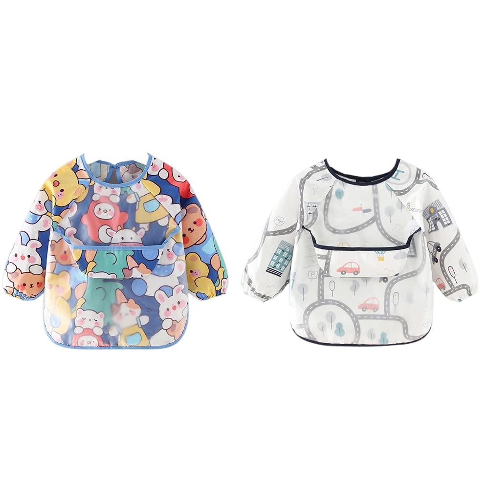 2pcs Baby Kid Waterproof Long Sleeve bib animals dinosaurs Infant Toddler Weaning Feeding Bibs Apron 6 Months to 3 Years Old