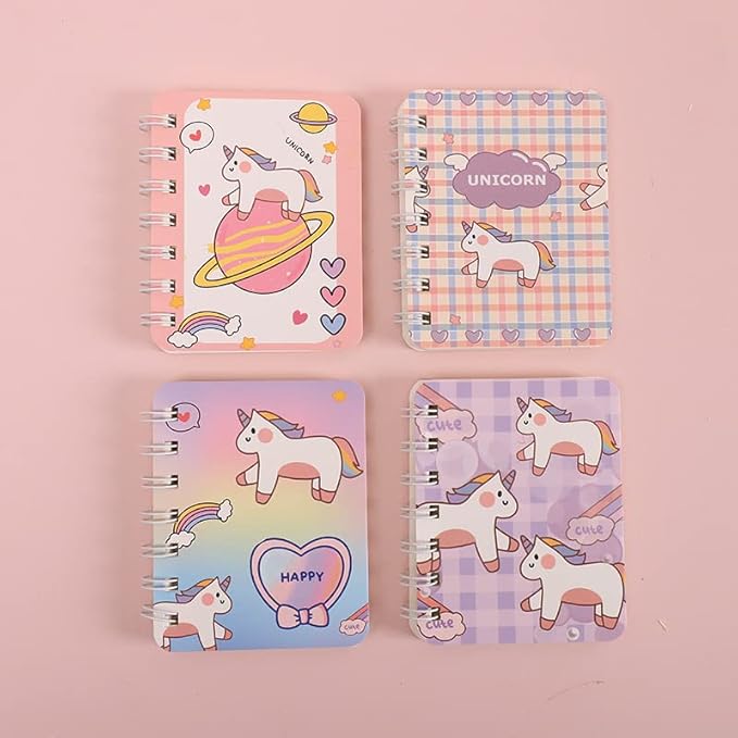 4PCS cute unicorn bus Notebook Wirebound Small Mini Pocket Journal Diary for Girls Boys Kids Gift Spiral bound A7 Lined Notebook Writing Drawing Notepad