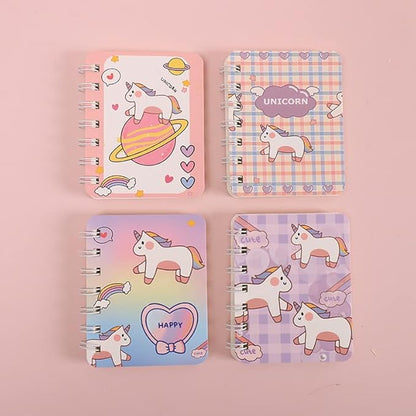 4PCS cute unicorn bus Notebook Wirebound Small Mini Pocket Journal Diary for Girls Boys Kids Gift Spiral bound A7 Lined Notebook Writing Drawing Notepad