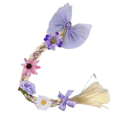 Kids Girls Toddlers Blue Elsa pink Ponytail Hair Extension Party Hair clips Snowflake Crown Headband Hairband Costume Dress up Braided Wigs (Rapunzel Ponytail(FLOWERS RANDOM))