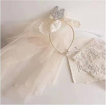 Princess Lace Crown Headband with long headdress tulle veil Pearls, Fancy Party Girl Kids Costume Headdress Hairband Photo Prop Flower girl Wedding, Engagement