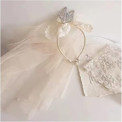 Princess Lace Crown Headband with long headdress tulle veil Pearls, Fancy Party Girl Kids Costume Headdress Hairband Photo Prop Flower girl Wedding, Engagement