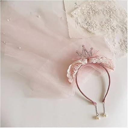 Princess Lace Crown Headband with long headdress tulle veil Pearls, Fancy Party Girl Kids Costume Headdress Hairband Photo Prop Flower girl Wedding, Engagement