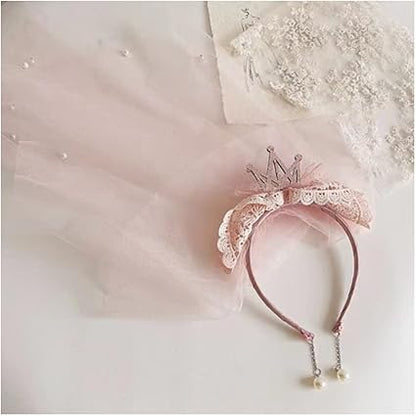 Princess Lace Crown Headband with long headdress tulle veil Pearls, Fancy Party Girl Kids Costume Headdress Hairband Photo Prop Flower girl Wedding, Engagement