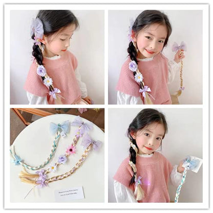 Kids Girls Toddlers Blue Elsa pink Ponytail Hair Extension Party Hair clips Snowflake Crown Headband Hairband Costume Dress up Braided Wigs (Rapunzel Ponytail(FLOWERS RANDOM))