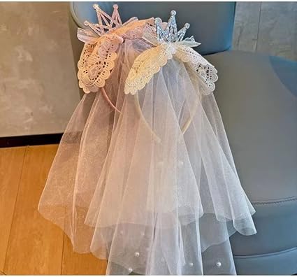 Princess Lace Crown Headband with long headdress tulle veil Pearls, Fancy Party Girl Kids Costume Headdress Hairband Photo Prop Flower girl Wedding, Engagement