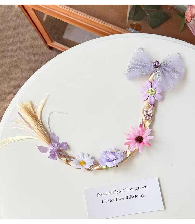 Kids Girls Toddlers Blue Elsa pink Ponytail Hair Extension Party Hair clips Snowflake Crown Headband Hairband Costume Dress up Braided Wigs (Rapunzel Ponytail(FLOWERS RANDOM))