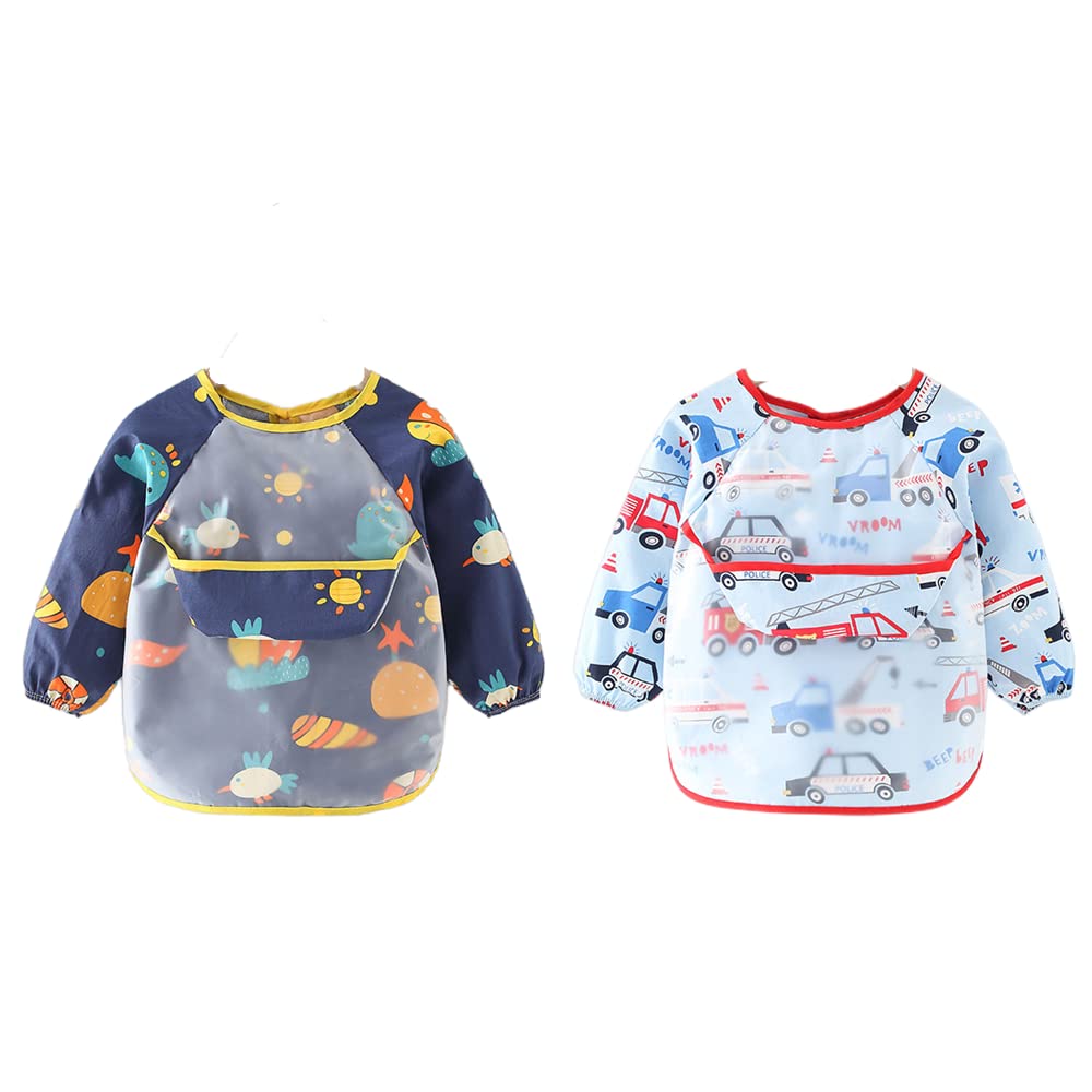 2pcs Baby Kid Waterproof Long Sleeve bib animals dinosaurs Infant Toddler Weaning Feeding Bibs Apron 6 Months to 3 Years Old