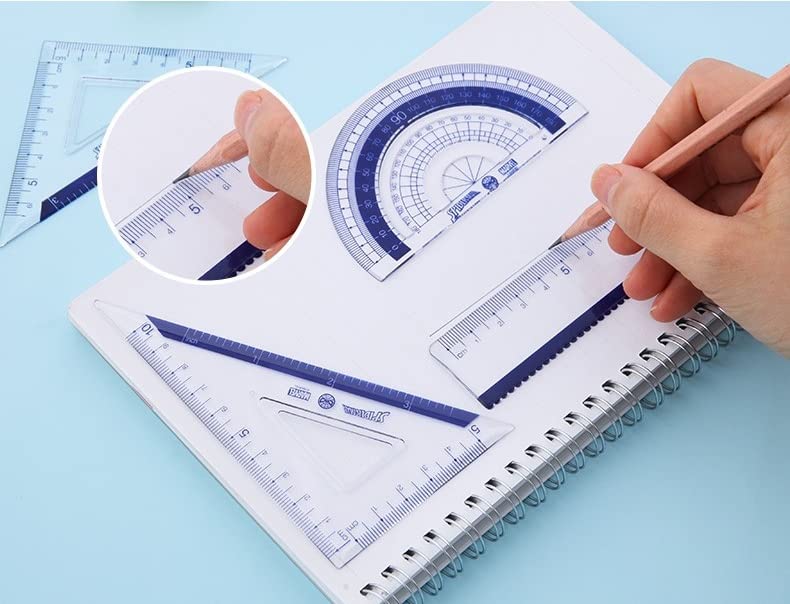 4PCS Ruler Kit Transparent Plastic Set Practical Math Geometry Kit Includes Straight Ruler Triangle Protractor for Student and Teacher