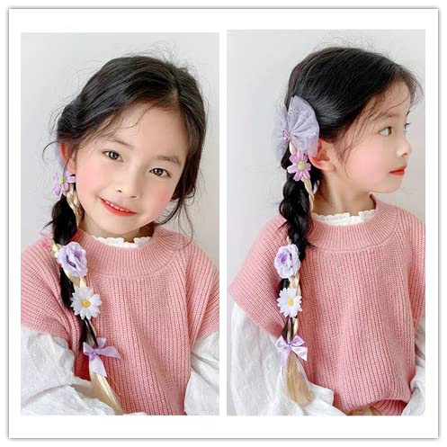 Kids Girls Toddlers Blue Elsa pink Ponytail Hair Extension Party Hair clips Snowflake Crown Headband Hairband Costume Dress up Braided Wigs (Rapunzel Ponytail(FLOWERS RANDOM))