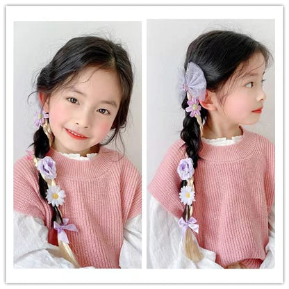 Kids Girls Toddlers Blue Elsa pink Ponytail Hair Extension Party Hair clips Snowflake Crown Headband Hairband Costume Dress up Braided Wigs (Rapunzel Ponytail(FLOWERS RANDOM))