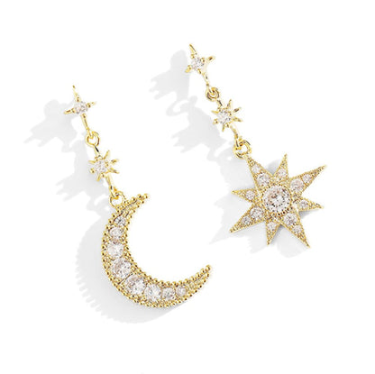 Women Star Moon Fashion Jewellery Gold Silver Plated Bling Stud Earrings with Crystal Allergy Free