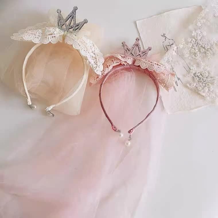 Princess Lace Crown Headband with long headdress tulle veil Pearls, Fancy Party Girl Kids Costume Headdress Hairband Photo Prop Flower girl Wedding, Engagement