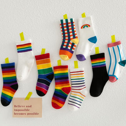 3 Pairs Kids Girls Boys ankle socks Rich Cotton Fashion Rainbow Stripe Breathable Lightweight Sport Socks Trainer Socks infant (Colour1 M(3-5years))
