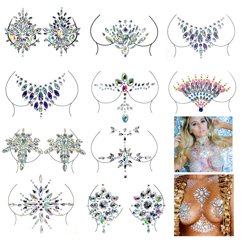 Women Kids 4 Sheets breast body neck Nipple Crystal Glitter Rhinestone Diamond Stickers Art Designs Self Adhesive Gem Festival Makeup Temporary Tattoos for Rave Festival Party