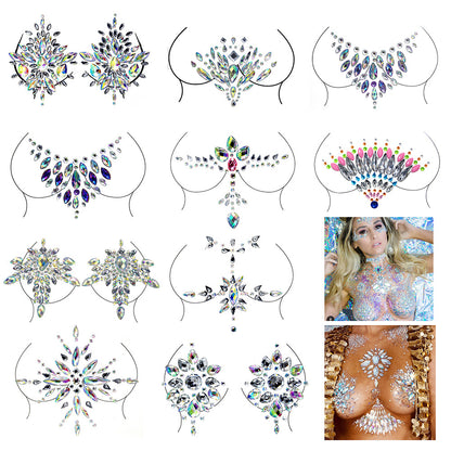 Women Kids 4 Sheets breast body neck Nipple Crystal Glitter Rhinestone Diamond Stickers Art Designs Self Adhesive Gem Festival Makeup Temporary Tattoos for Rave Festival Party