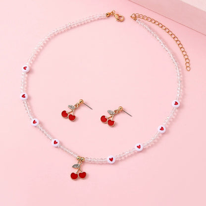 Jewellery Set for Girls Teenagers, Pink Cherry heart Necklace, and Stud Earrings - Kawaii Gifts for Girls Jewelry Favors Set Party Favors, Birthday Gift (Pink)