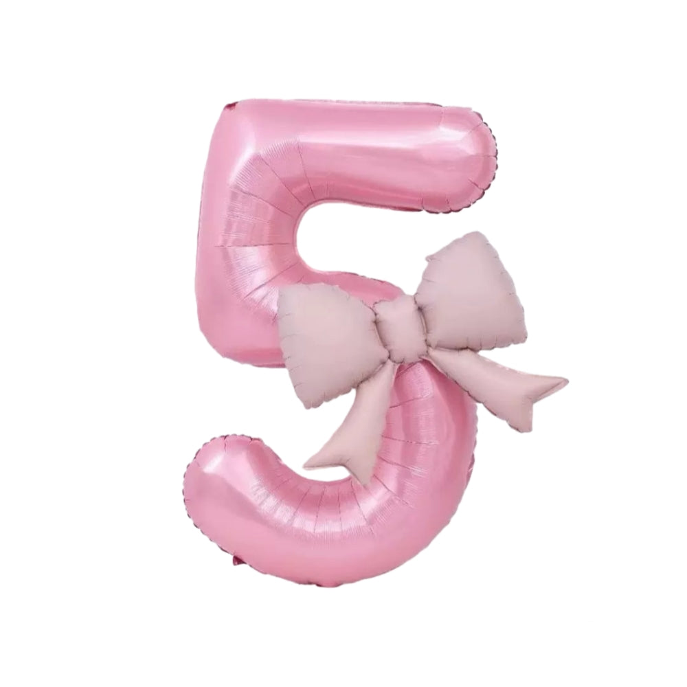 40'' Pink Number with Bow Balloon, Self Inflating Foil Light Pink Number Balloons Set 0-9, Pastel Pink Helium Balloon for Girls Birthday Party Decorations Anniversary Supplies (Pink, Number 5)