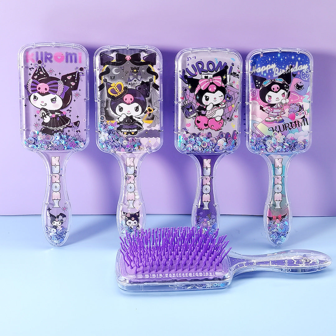 Princess mermaid Hair Brush,Paddle Hairbrush for Girls Kids,Easily Glide Through Knots No Pull Glitter Bristle Tangle Brushes Sequin airbag comb Gift （Kuromi ）