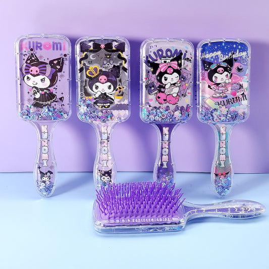 Princess mermaid Hair Brush,Paddle Hairbrush for Girls Kids,Easily Glide Through Knots No Pull Glitter Bristle Tangle Brushes Sequin airbag comb Gift （Kuromi ）