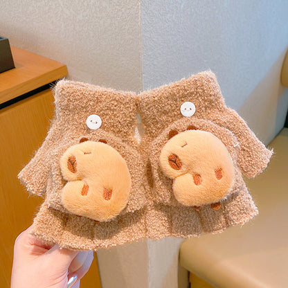 Fingerless Flap Cover Gloves Winter Knit Warm Mittens Soft Lined Fleece Thermal Outdoor Half Finger with Cover Convertible Flip Top for Kids boys girls(3D Cinnamoroll)