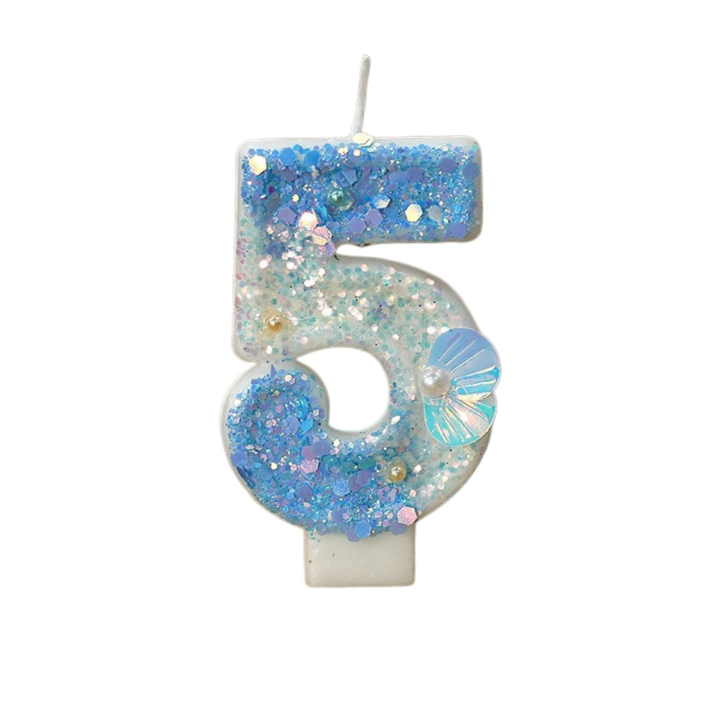 Mermaid Birthday Candles Shell Sequins Candles for Cake Blue Ocean Beach Birthday Cake Sequins Shell Number Toppers for Girls Boys Party Decorations (Blue, Number 4)