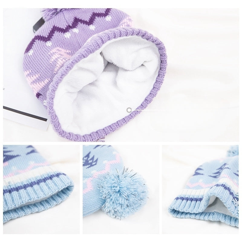Kids Winter Beanie Hat Scarf for 2-10 Years Old Boys Girls.Outdoor Warm Fleece Lined Thermal Knit Fluffy Pom(Elsa)