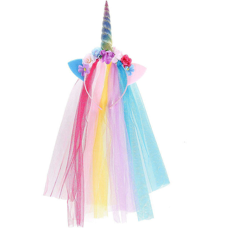 Unicorn Horn Floral Headband with Rainbow veil Ears Pony Head Bands Tiara for Girls Kids Headbands Party Birthday Cosplay Fancy costume (Blue Unicorn)