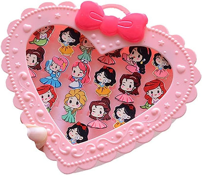 20Pcs Adjustable Princess Jewelry Girl Kids Cartoon Plastic Rings Gift Set with Heart Shape Box (20pcs)