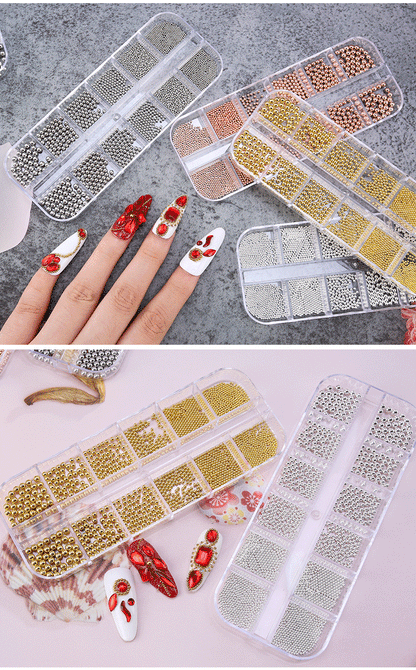 3D Nail Art Decorations Tool Nails Art Mini Micro Steel Nail Beads for Craft Nail Decoration, Silver Gold in box 6 Sizes (Silver)