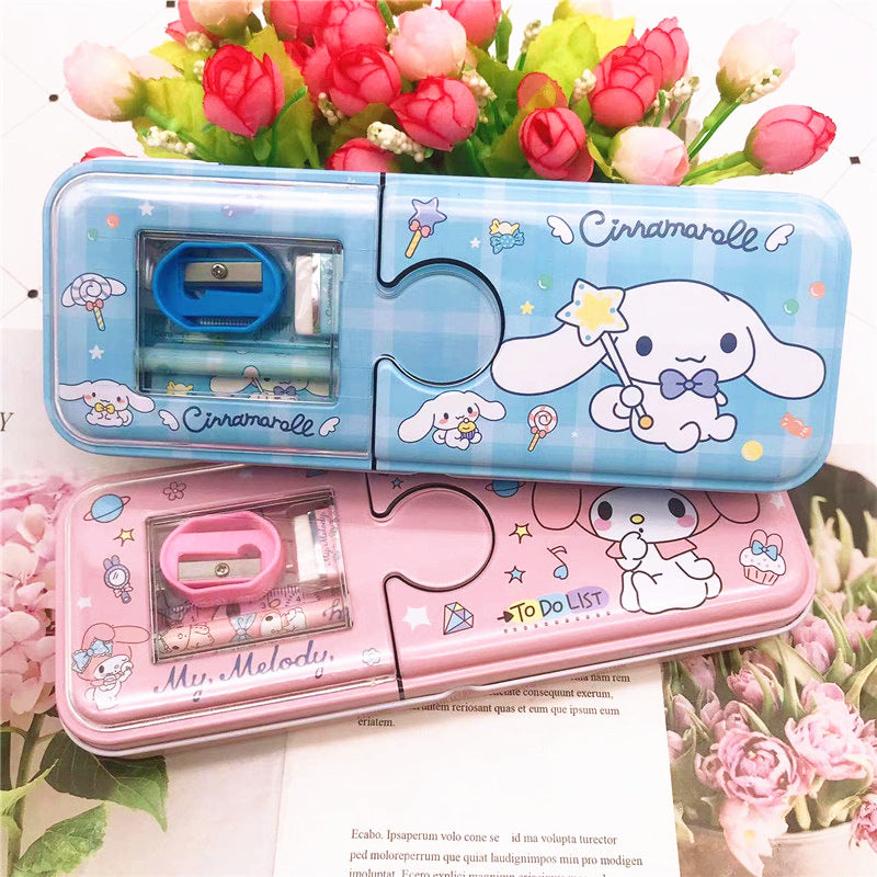 Cartoon Pencil Box with Sharpener & Eraser - Double Layer Metal Purple Pencil Box, Ideal for School & Birthday Gifts, Cartoon Pencil Childeren's Day Birthday Gift (Kuromi)