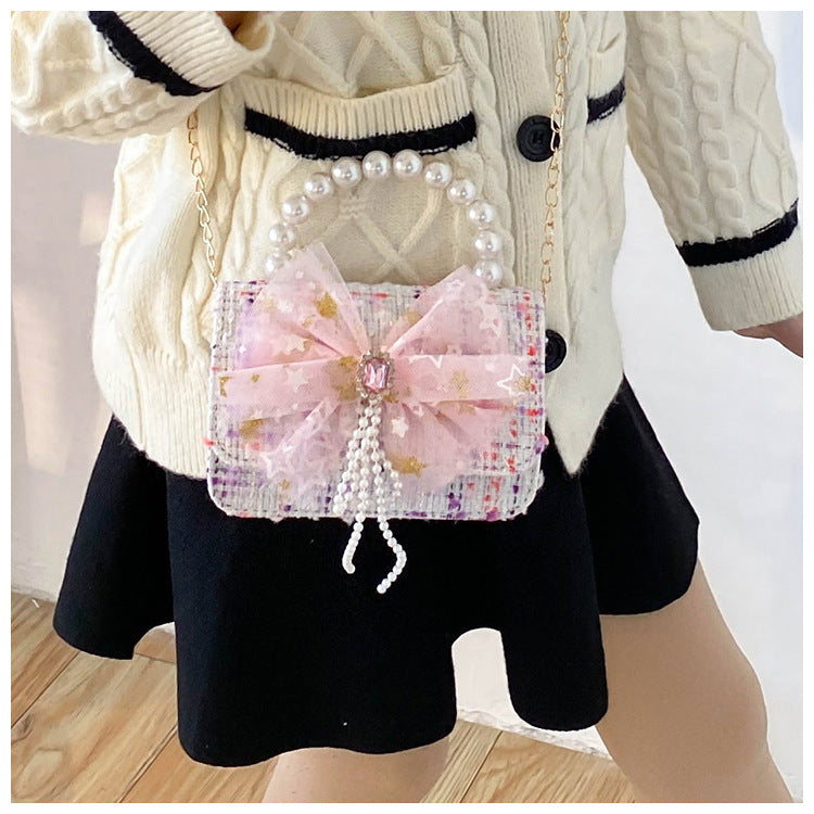 Shoulder Bag Girls Kids Children Handbags Portable Mini Coin Purse Messenger Crossbody Bag Princess Pearl Bow Mini Flip Bag Accessories Bags Gift Travel Holiday