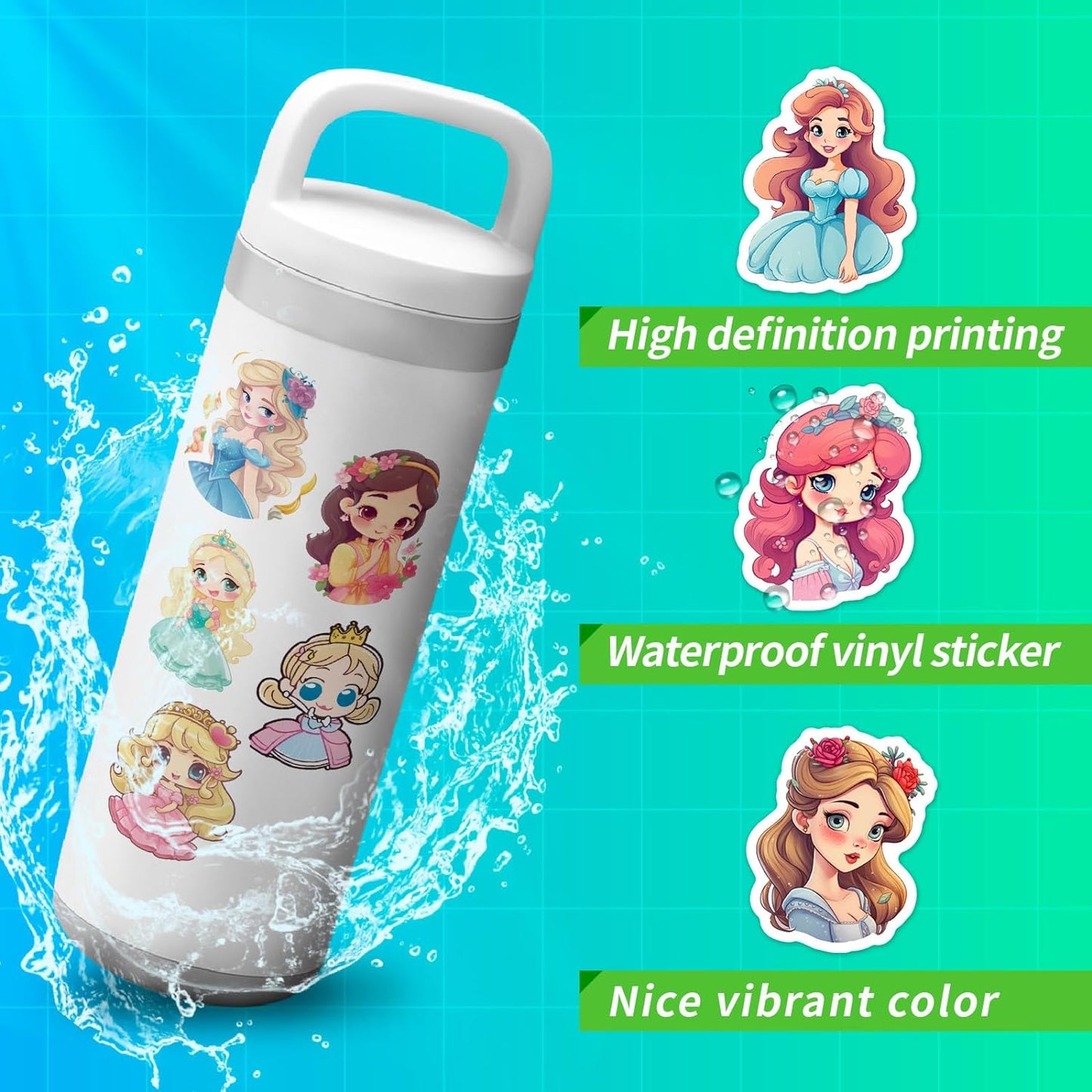100PCS 4 Sheets Stickers Kids Toddlers Princess Waterproof Luggage Skateboard Party Bag Fillers Boys Girls Teachers as Reward Craft Scrapbooking