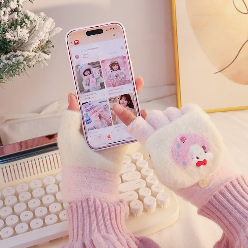 Fingerless Flap Cover Gloves Winter Knit Warm Mittens Soft Lined Fleece Thermal Outdoor Half Finger with Cover Convertible Flip Top for Kids boys girls (hello kitty)