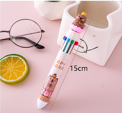 Multicolor teddy bear Pens 0.5mm 10-in-1 Retractable Ballpoint Pens 10 Colors Transparent Barrel Ballpoint Pen for Office Supplies and kids school (Capybara)